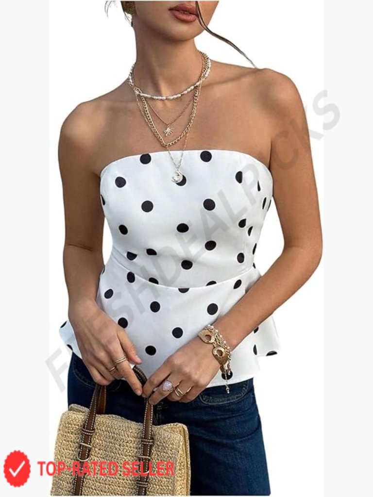 Polka Dots Tube Top Strapless Sleeveless Bandeau Summer Peplum Tops Cute Y2k